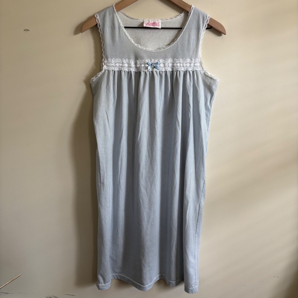 Featherbed Vintage Gingham Nightgown Blue White Lace Trim Sleeveless Loungewear
